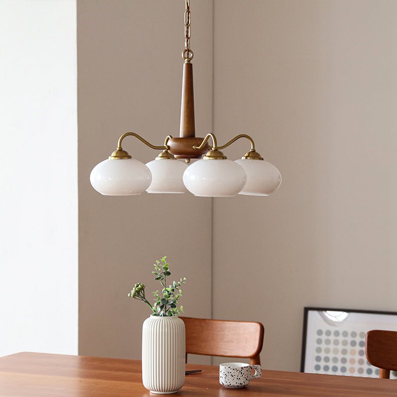 Brass Japanese Chandelier Bowl Shape Multi Light Hanging Light with Wood for Restaurant