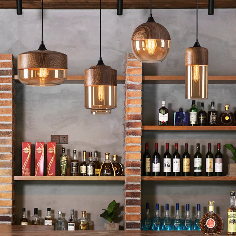 La lampe suspension de la suspension nordique en bois nordique 1-Light Light avec une teinte en verre géométrique