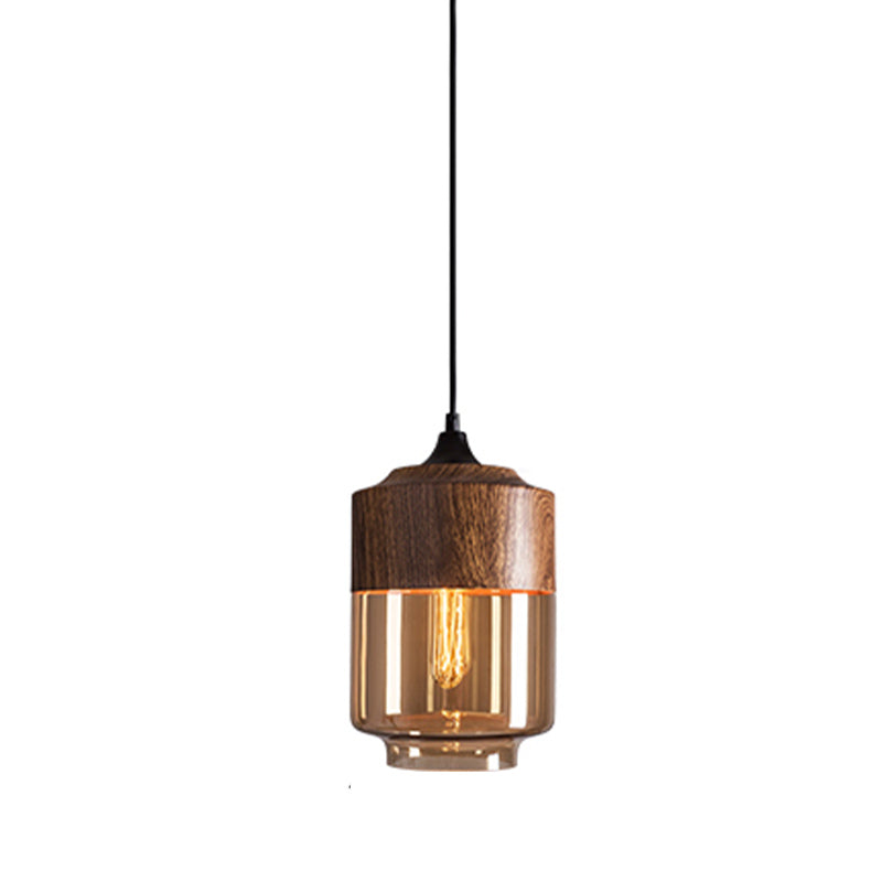 La lampe suspension de la suspension nordique en bois nordique 1-Light Light avec une teinte en verre géométrique