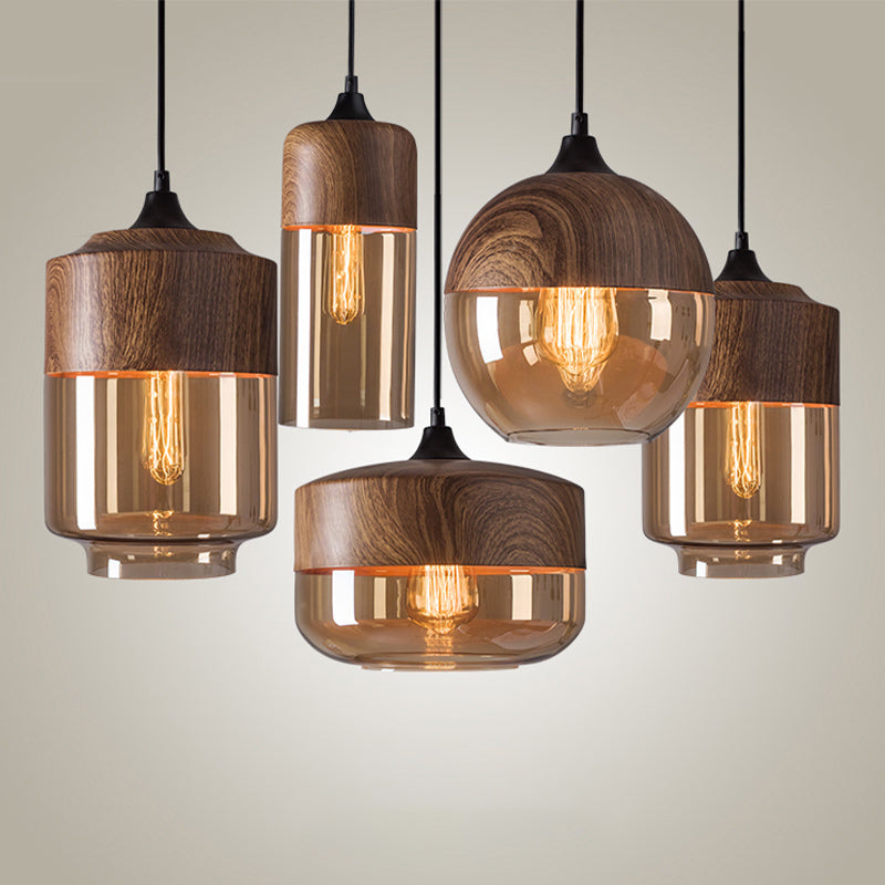 La lampe suspension de la suspension nordique en bois nordique 1-Light Light avec une teinte en verre géométrique