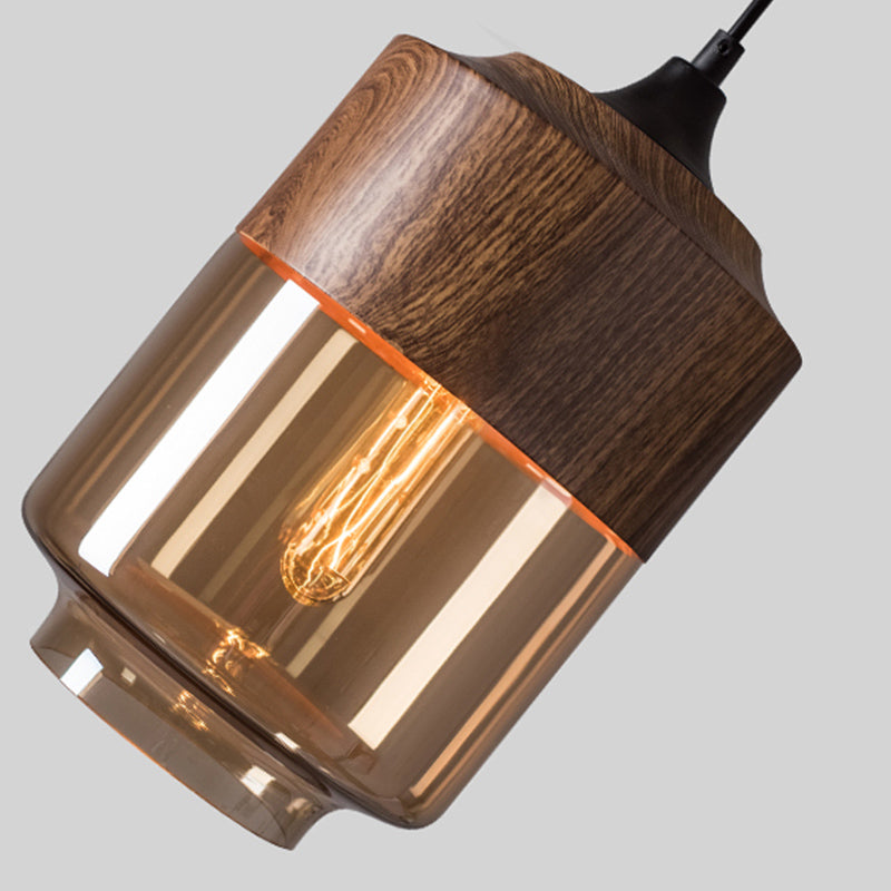La lampe suspension de la suspension nordique en bois nordique 1-Light Light avec une teinte en verre géométrique