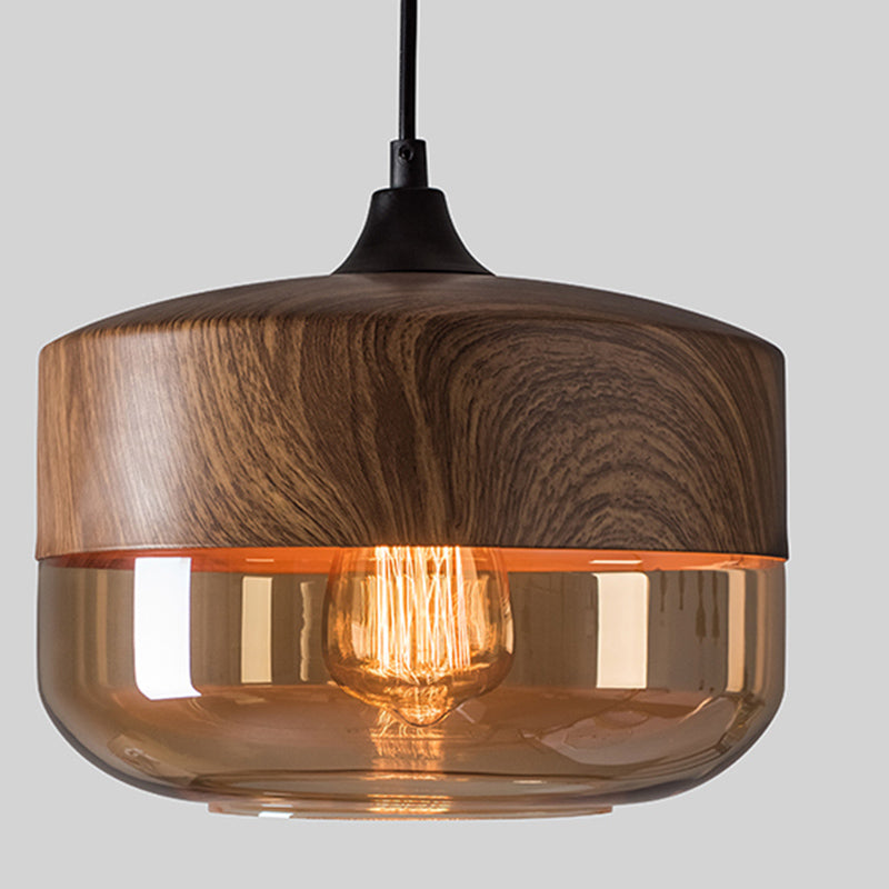 La lampe suspension de la suspension nordique en bois nordique 1-Light Light avec une teinte en verre géométrique
