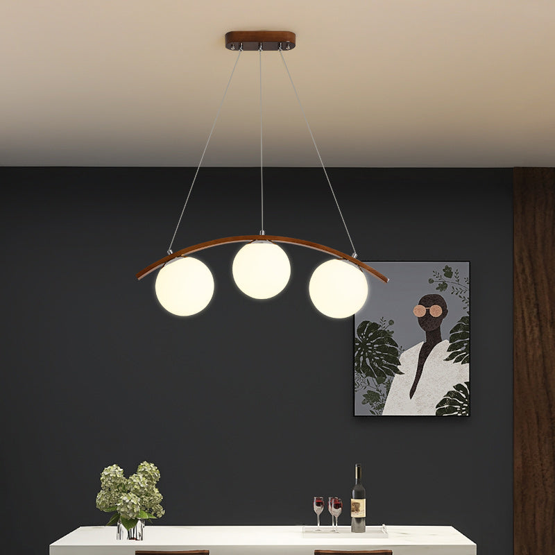 Modern Wooden Island Light Round Glass Shade Chandelier Light Fixture for Dining Room