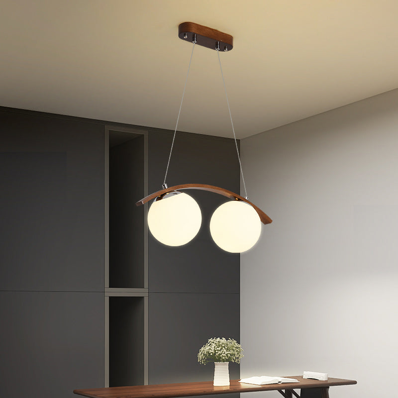 Modern Wooden Island Light Round Glass Shade Chandelier Light Fixture for Dining Room