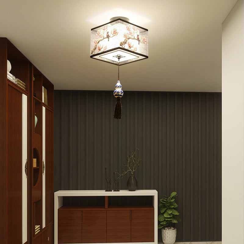 Chinese Style Flush Mounted Ceiling Lights Fabric Shade Lighting Fixture for Foyer Bedroom