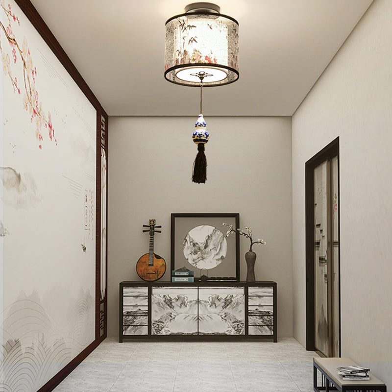 Chinese Style Flush Mounted Ceiling Lights Fabric Shade Lighting Fixture for Foyer Bedroom