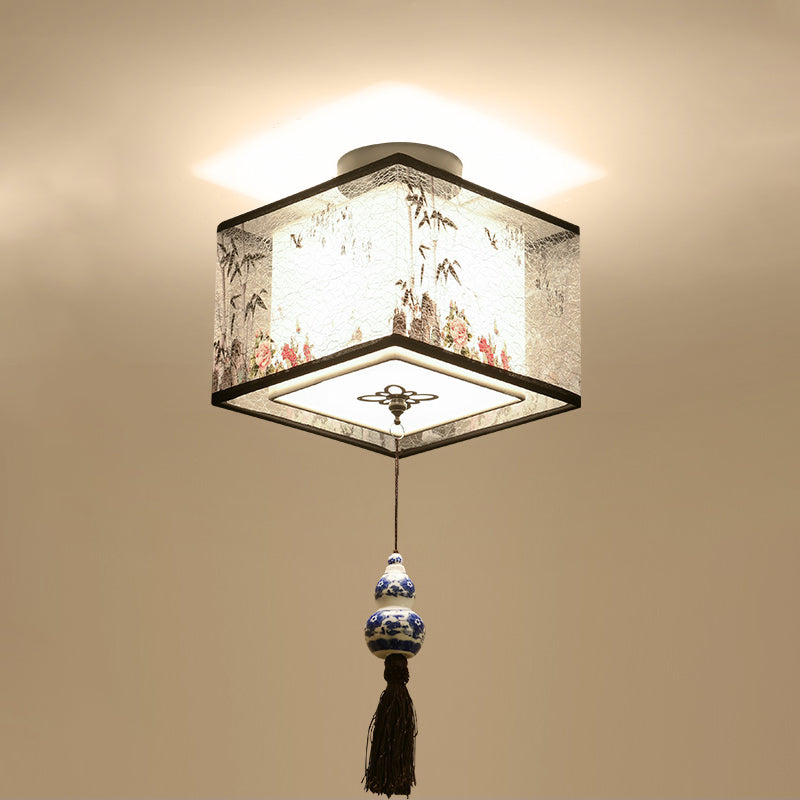 Chinese Style Flush Mounted Ceiling Lights Fabric Shade Lighting Fixture for Foyer Bedroom