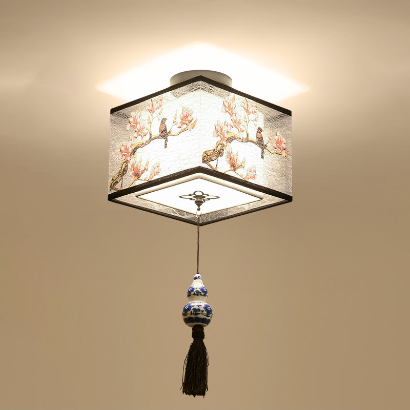 Chinese Style Flush Mounted Ceiling Lights Fabric Shade Lighting Fixture for Foyer Bedroom