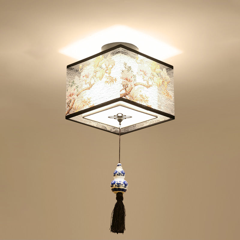 Chinese Style Flush Mounted Ceiling Lights Fabric Shade Lighting Fixture for Foyer Bedroom