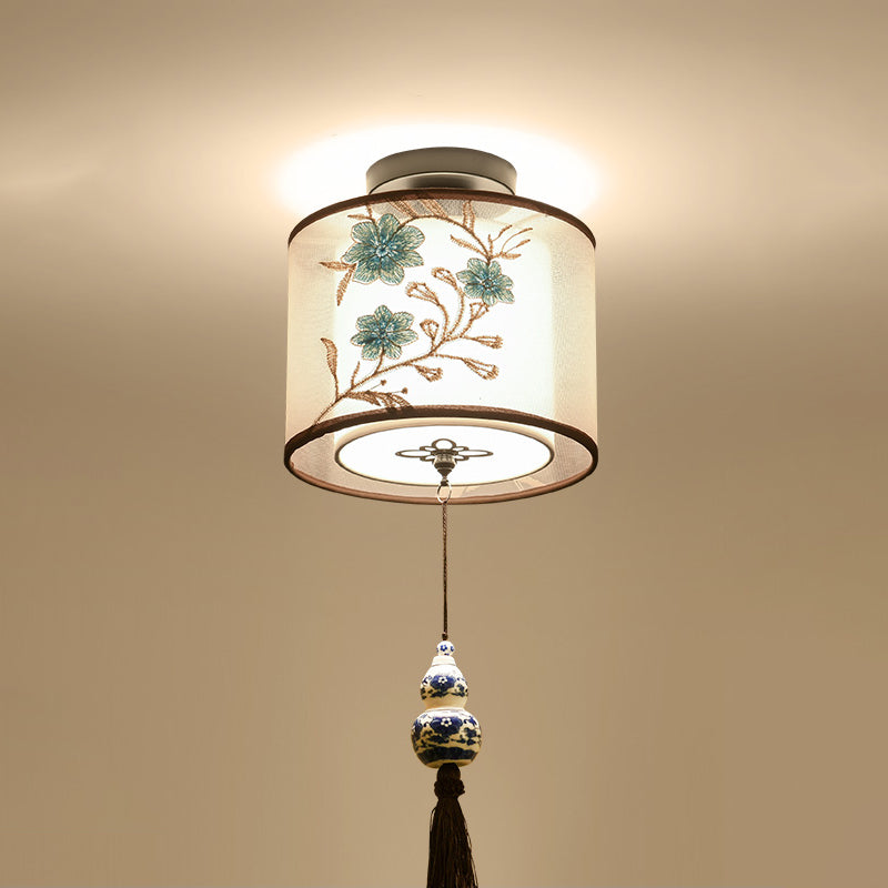 Chinese Style Flush Mounted Ceiling Lights Fabric Shade Lighting Fixture for Foyer Bedroom