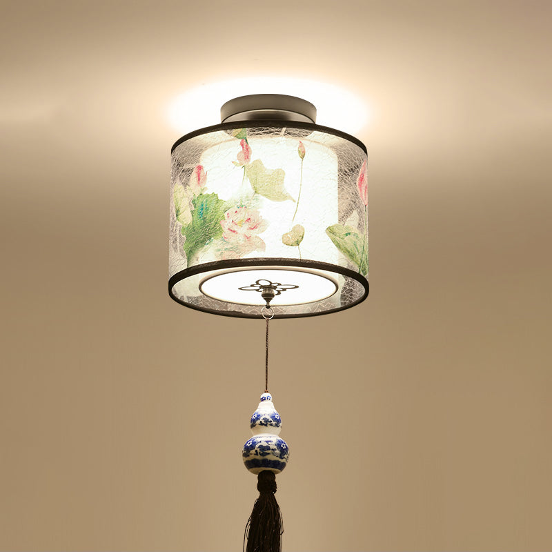 Chinese Style Flush Mounted Ceiling Lights Fabric Shade Lighting Fixture for Foyer Bedroom