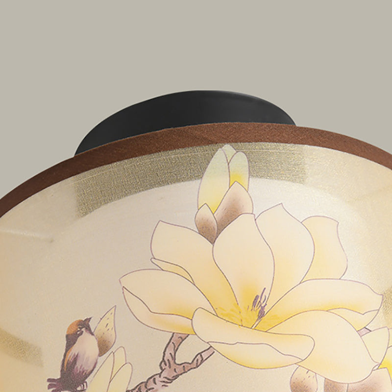 Chinese Style Flush Mounted Ceiling Lights Fabric Shade Lighting Fixture for Foyer Bedroom