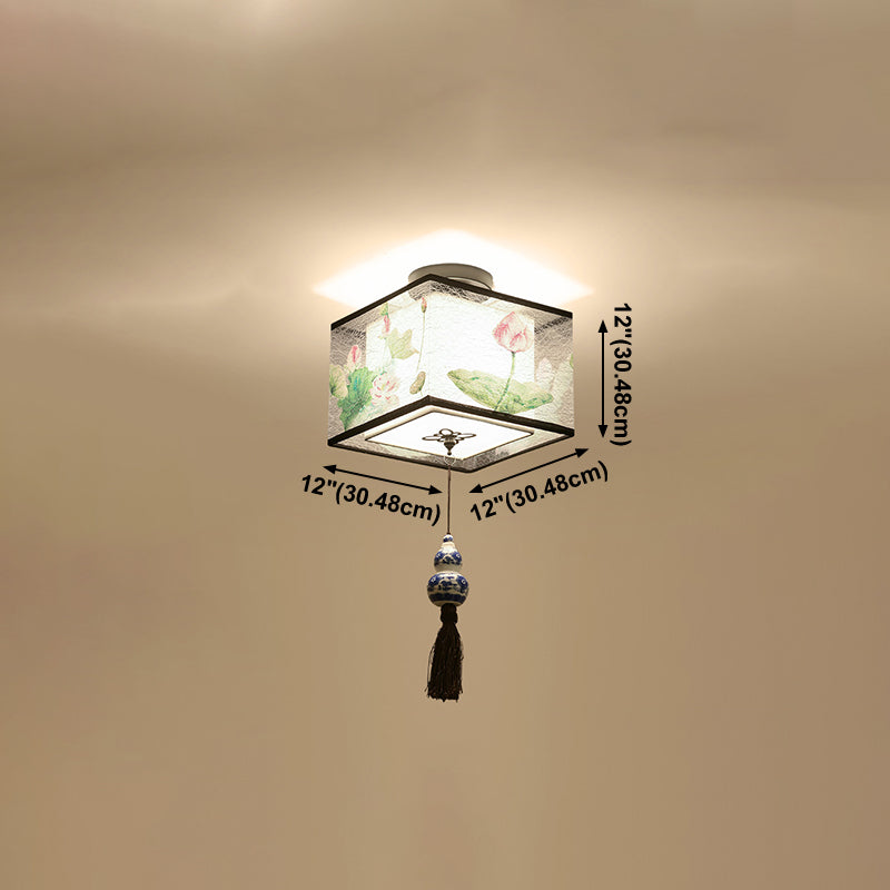 Chinese Style Flush Mounted Ceiling Lights Fabric Shade Lighting Fixture for Foyer Bedroom