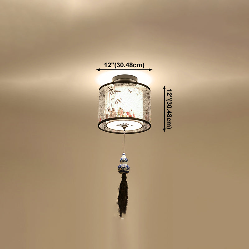 Chinese Style Flush Mounted Ceiling Lights Fabric Shade Lighting Fixture for Foyer Bedroom