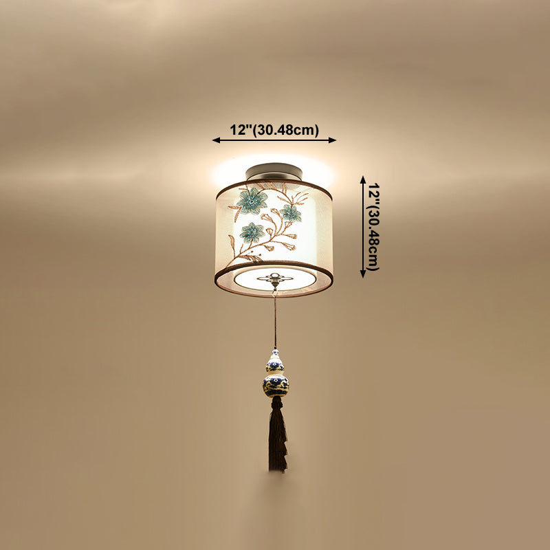 Chinese Style Flush Mounted Ceiling Lights Fabric Shade Lighting Fixture for Foyer Bedroom