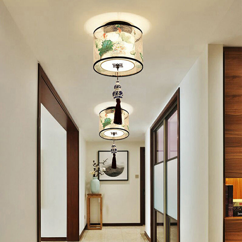 Chinese Style Ceiling Light Fabric Shade Flush Mount Lamp for Living Room Sitting Room