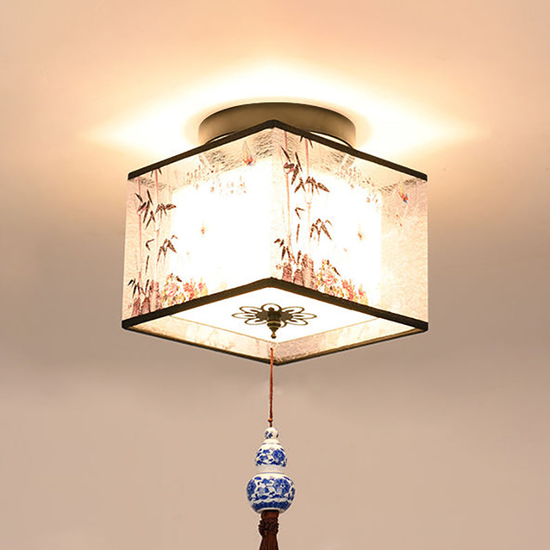 Chinese Style Ceiling Light Fabric Shade Flush Mount Lamp for Living Room Sitting Room
