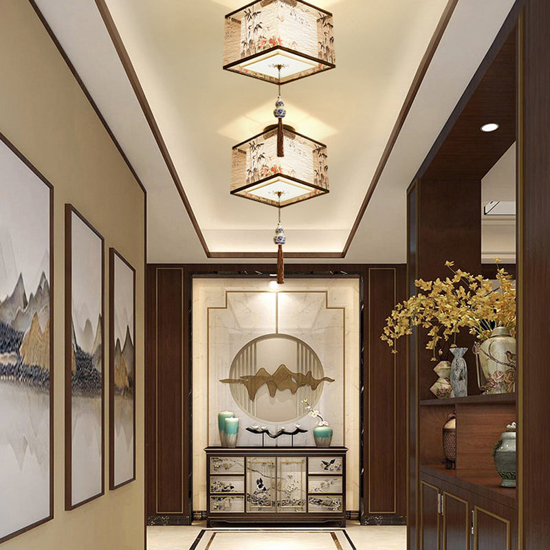 Chinese Style Ceiling Light Fabric Shade Flush Mount Lamp for Living Room Sitting Room