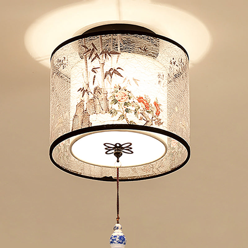 Chinese Style Ceiling Light Fabric Shade Flush Mount Lamp for Living Room Sitting Room