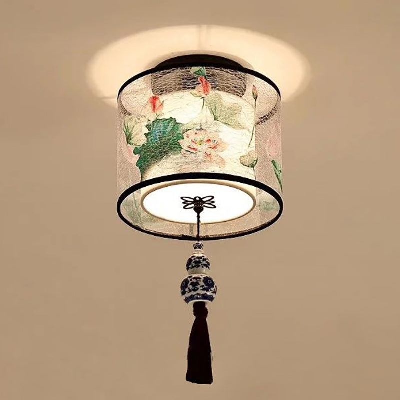 Chinese Style Ceiling Light Fabric Shade Flush Mount Lamp for Living Room Sitting Room