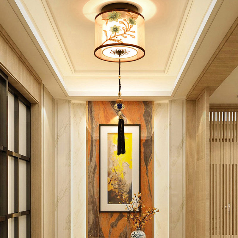 Chinese Style Ceiling Light Fabric Shade Flush Mount Lamp for Living Room Sitting Room