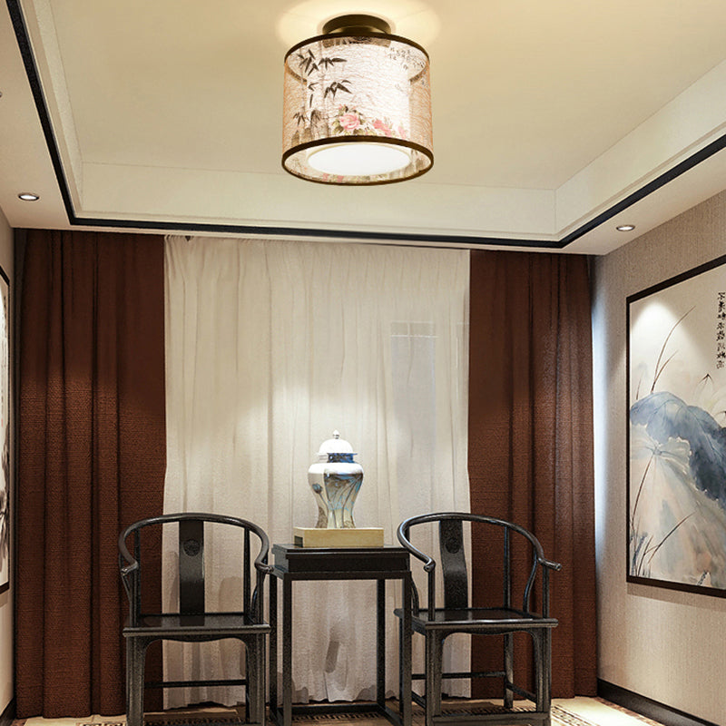 Chinese Style Ceiling Light Fabric Shade Flush Mount Lamp for Living Room Sitting Room