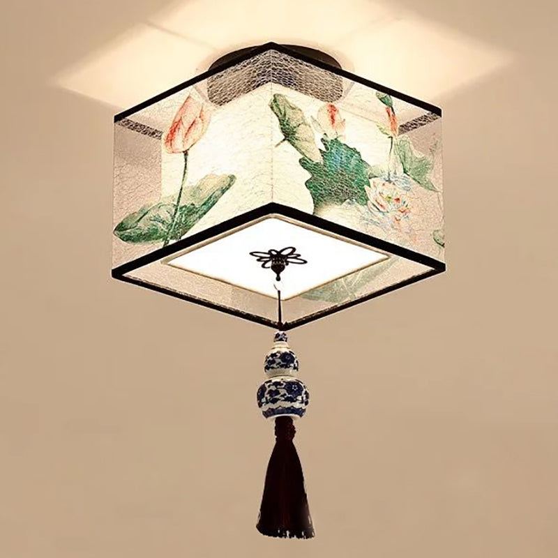 Chinese Style Ceiling Light Fabric Shade Flush Mount Lamp for Living Room Sitting Room