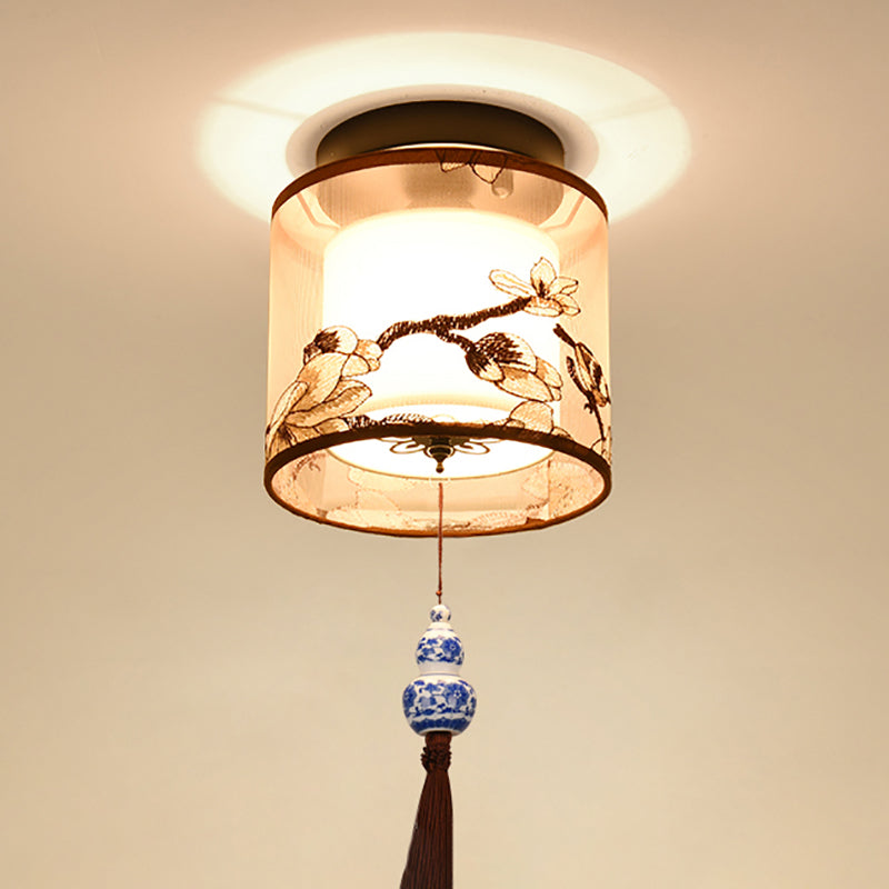 Chinese Style Ceiling Light Fabric Shade Flush Mount Lamp for Living Room Sitting Room