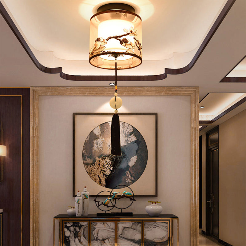 Chinese Style Ceiling Light Fabric Shade Flush Mount Lamp for Living Room Sitting Room