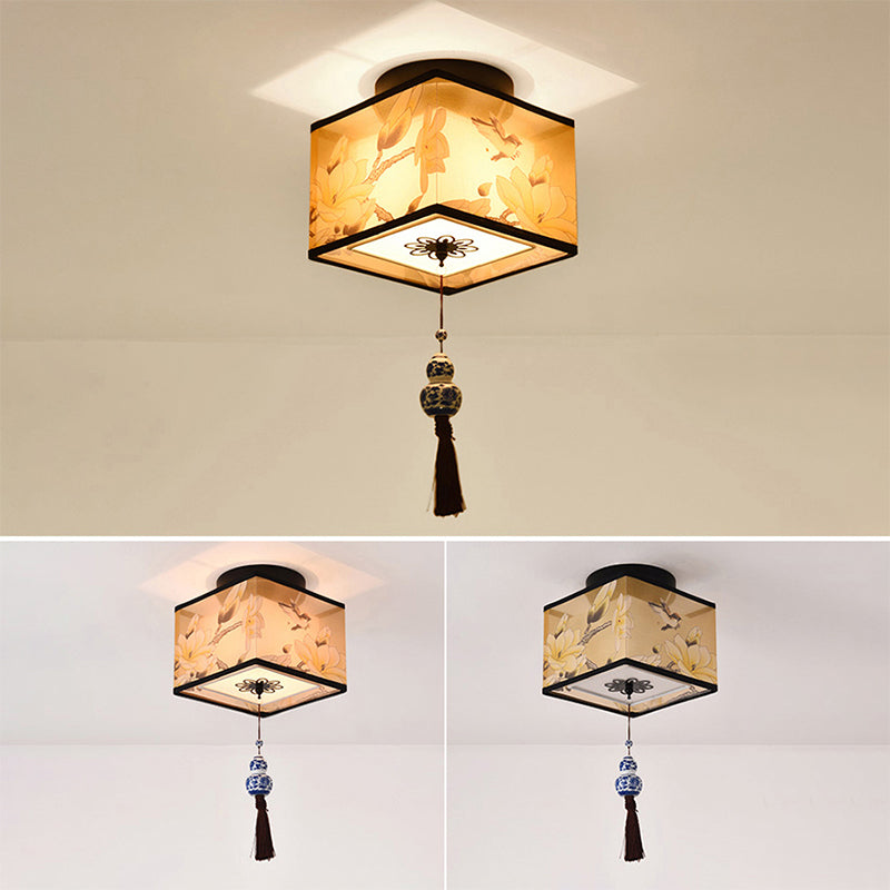 Chinese Style Ceiling Light Fabric Shade Flush Mount Lamp for Living Room Sitting Room