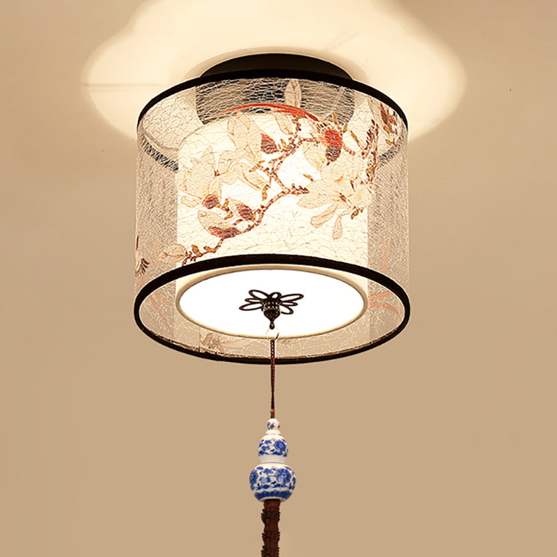 Chinese Style Ceiling Light Fabric Shade Flush Mount Lamp for Living Room Sitting Room