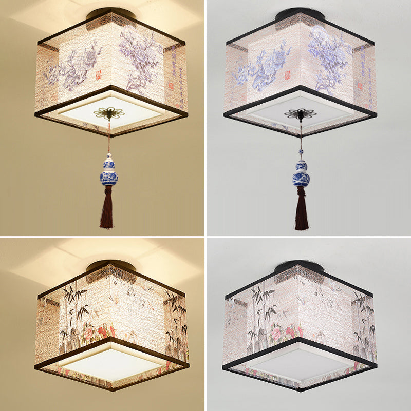 Chinese Style Ceiling Light Fabric Shade Flush Mount Lamp for Living Room Sitting Room