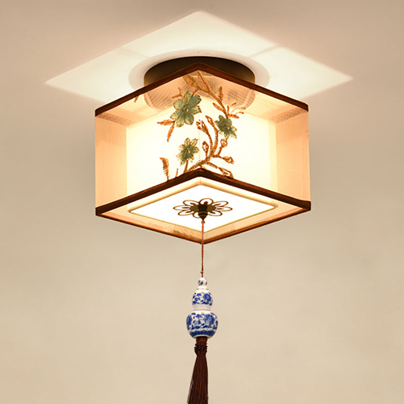 Chinese Style Ceiling Light Fabric Shade Flush Mount Lamp for Living Room Sitting Room
