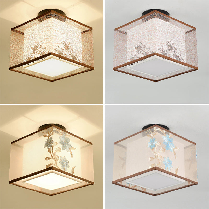 Chinese Style Ceiling Light Fabric Shade Flush Mount Lamp for Living Room Sitting Room