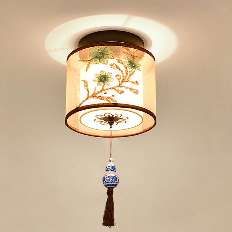 Chinese Style Ceiling Light Fabric Shade Flush Mount Lamp for Living Room Sitting Room