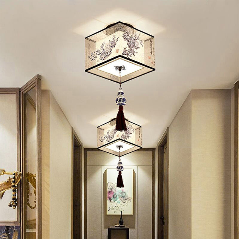 Chinese Style Ceiling Light Fabric Shade Flush Mount Lamp for Living Room Sitting Room