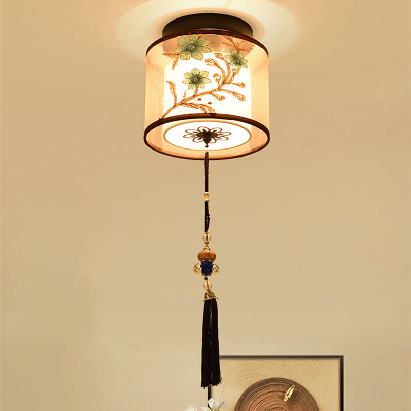 Chinese Style Ceiling Light Fabric Shade Flush Mount Lamp for Living Room Sitting Room