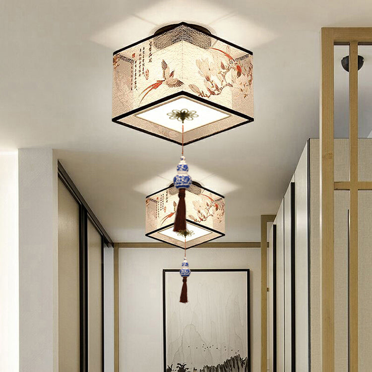 Chinese Style Ceiling Light Fabric Shade Flush Mount Lamp for Living Room Sitting Room