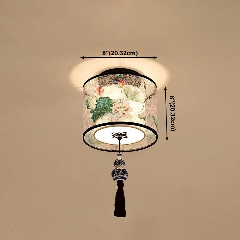 Chinese Style Ceiling Light Fabric Shade Flush Mount Lamp for Living Room Sitting Room