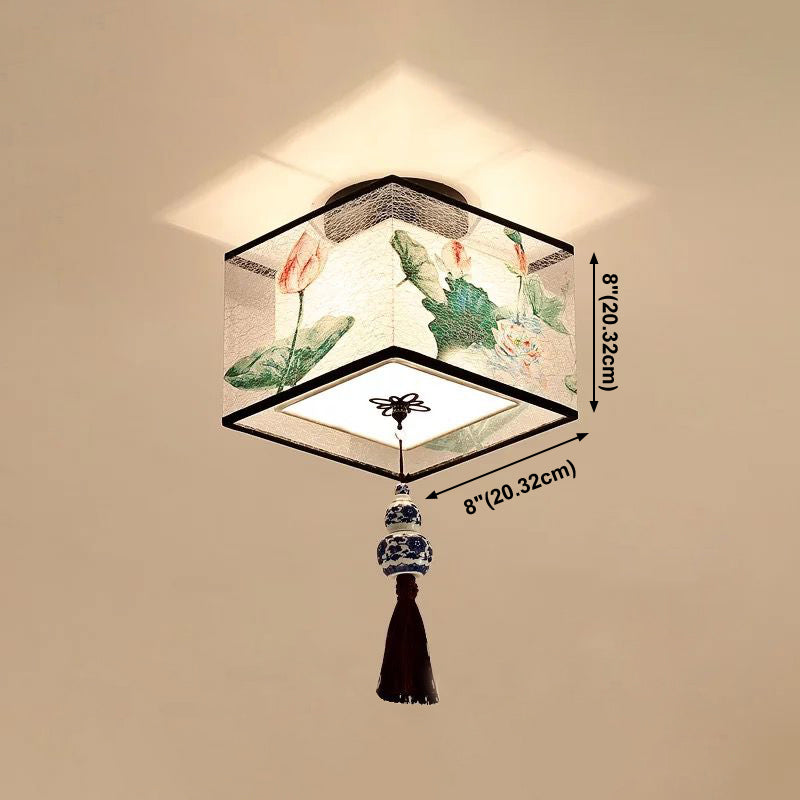 Chinese Style Ceiling Light Fabric Shade Flush Mount Lamp for Living Room Sitting Room