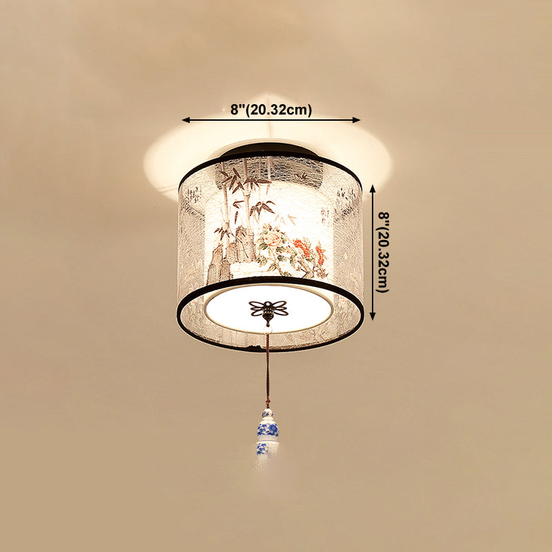 Chinese Style Ceiling Light Fabric Shade Flush Mount Lamp for Living Room Sitting Room