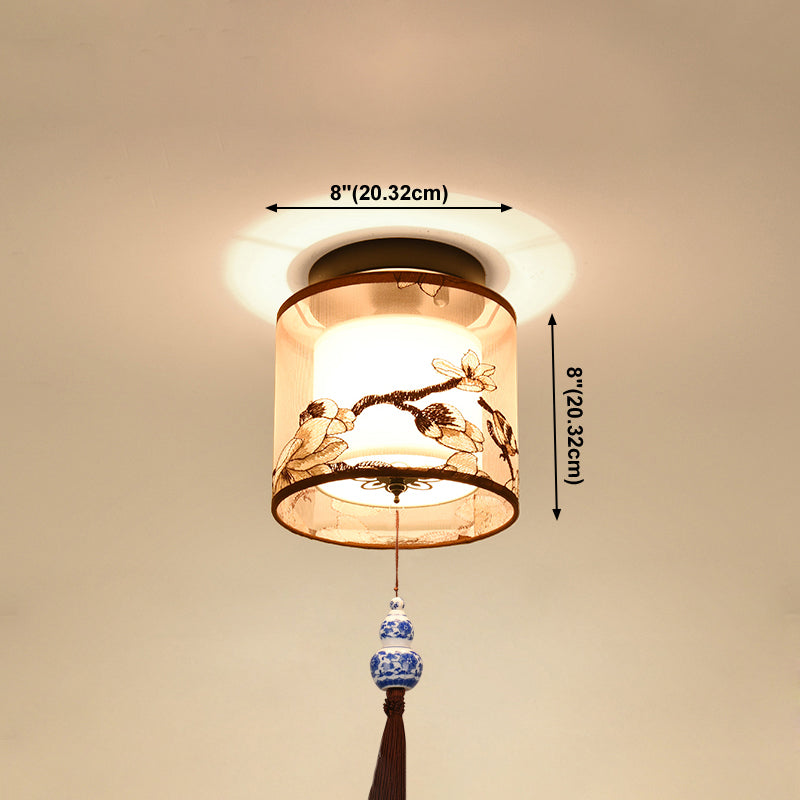 Chinese Style Ceiling Light Fabric Shade Flush Mount Lamp for Living Room Sitting Room