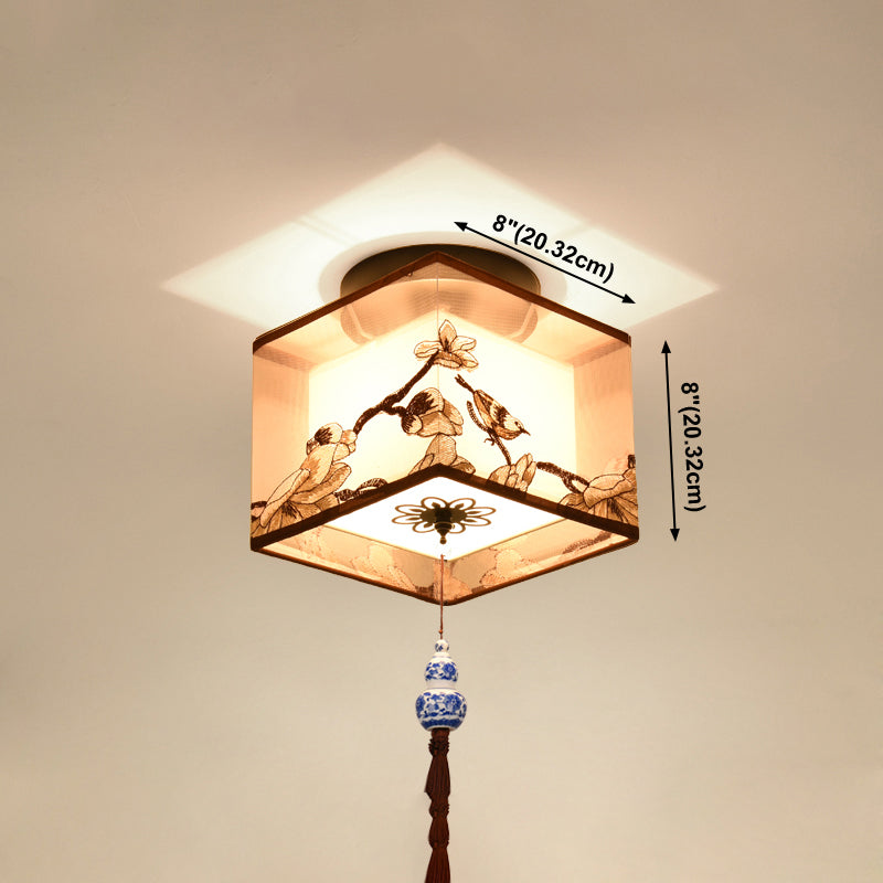 Chinese Style Ceiling Light Fabric Shade Flush Mount Lamp for Living Room Sitting Room