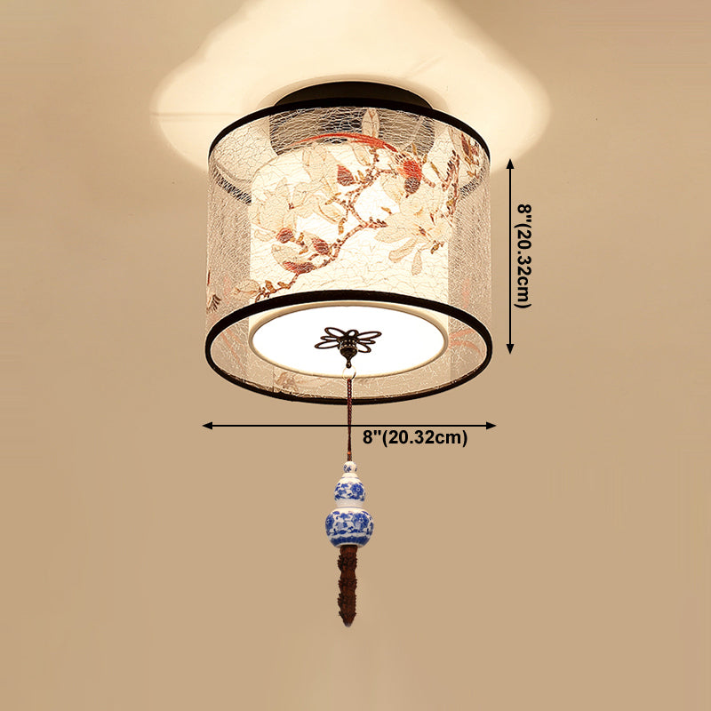 Chinese Style Ceiling Light Fabric Shade Flush Mount Lamp for Living Room Sitting Room