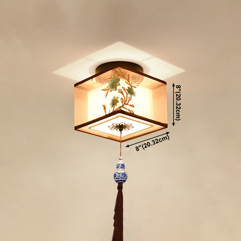 Chinese Style Ceiling Light Fabric Shade Flush Mount Lamp for Living Room Sitting Room