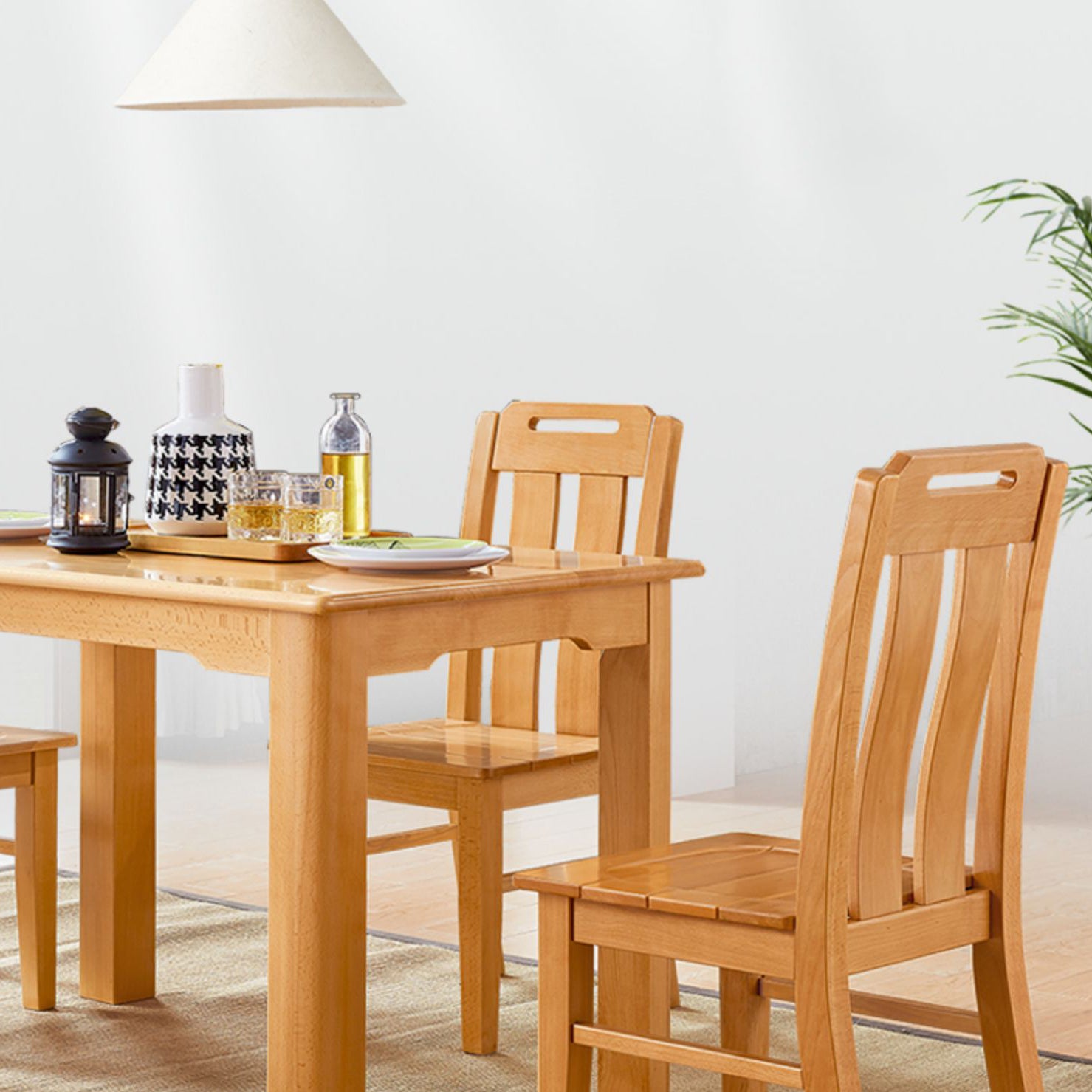Mid-Century Modern Solid Wood Dining Table Beech Wood Top Table with 4 Legs