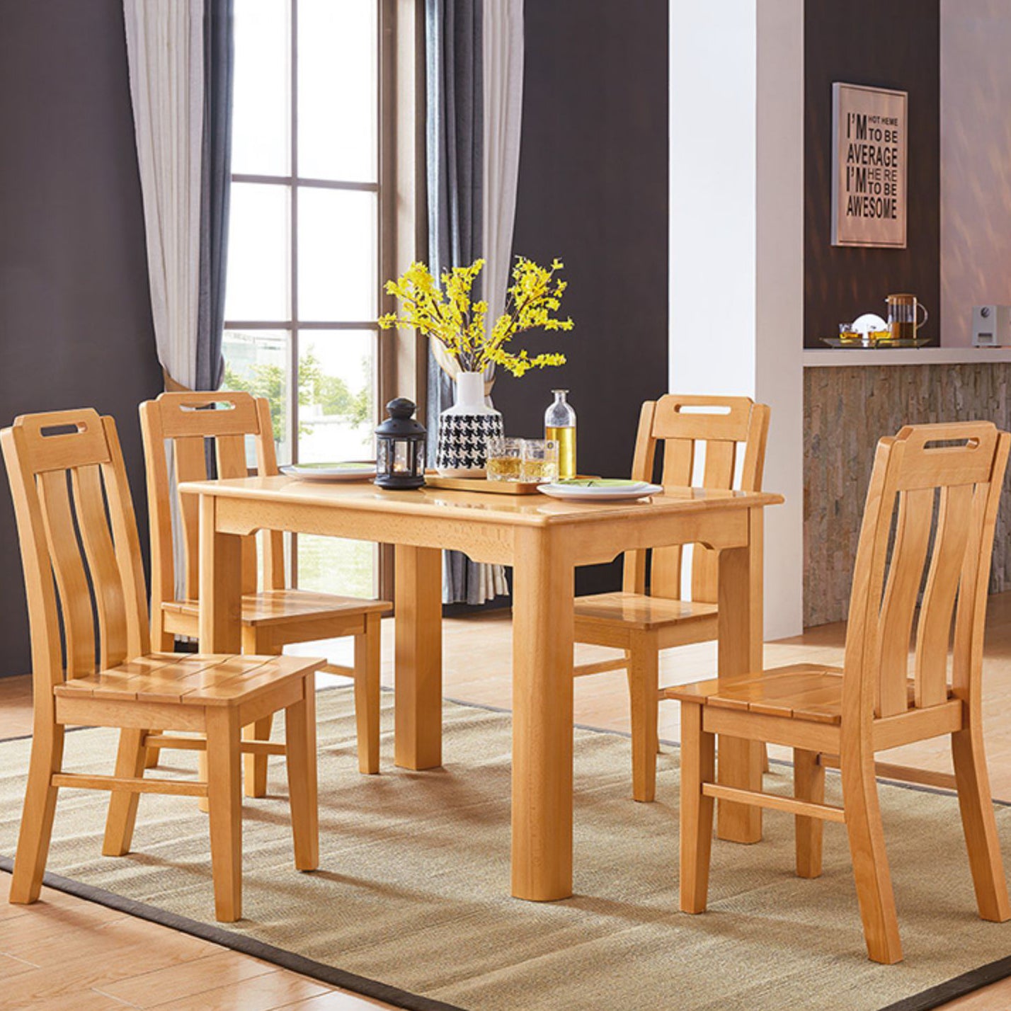 Mid-Century Modern Solid Wood Dining Table Beech Wood Top Table with 4 Legs