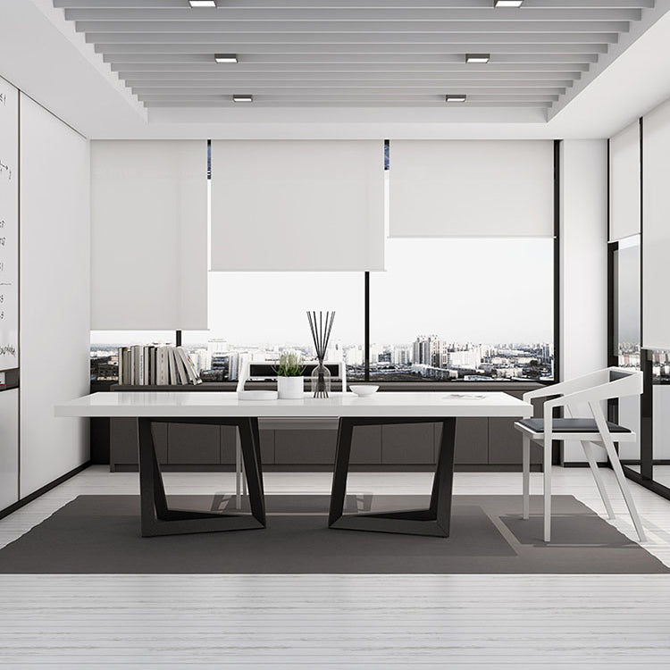 Mesa de comedor rectangular de estilo industrial, mesa fija con tapa blanca y madera maciza