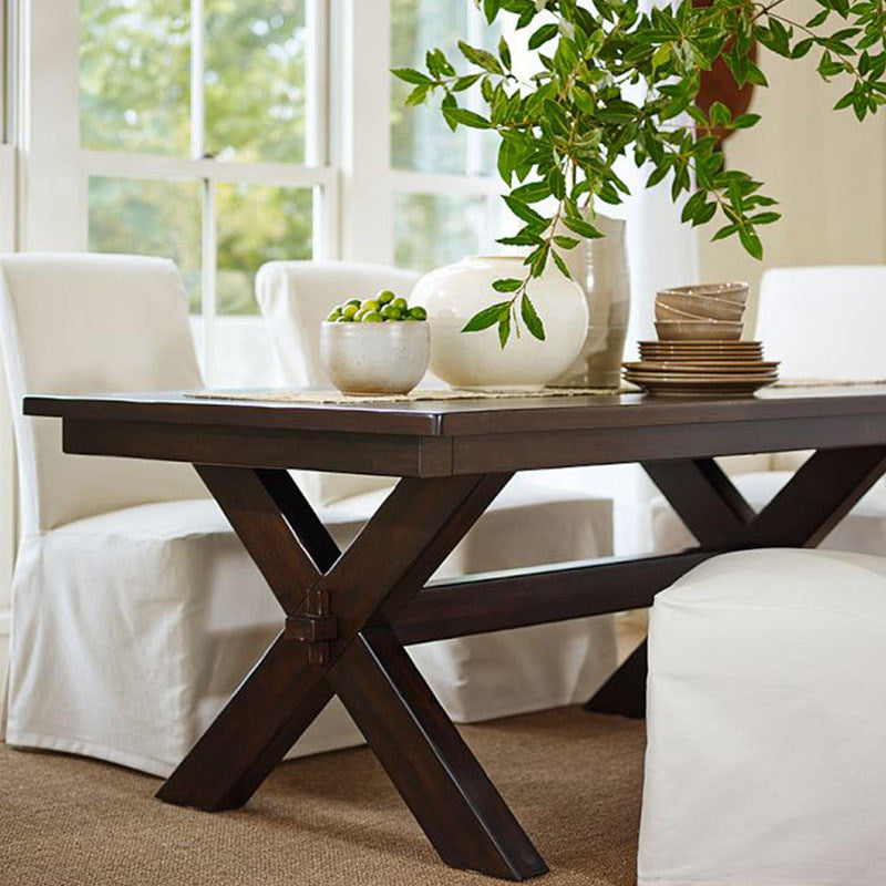 Rectangle Mid-Century Dining Table Brown Tone Fixed Table with Pinewood Solid Wood