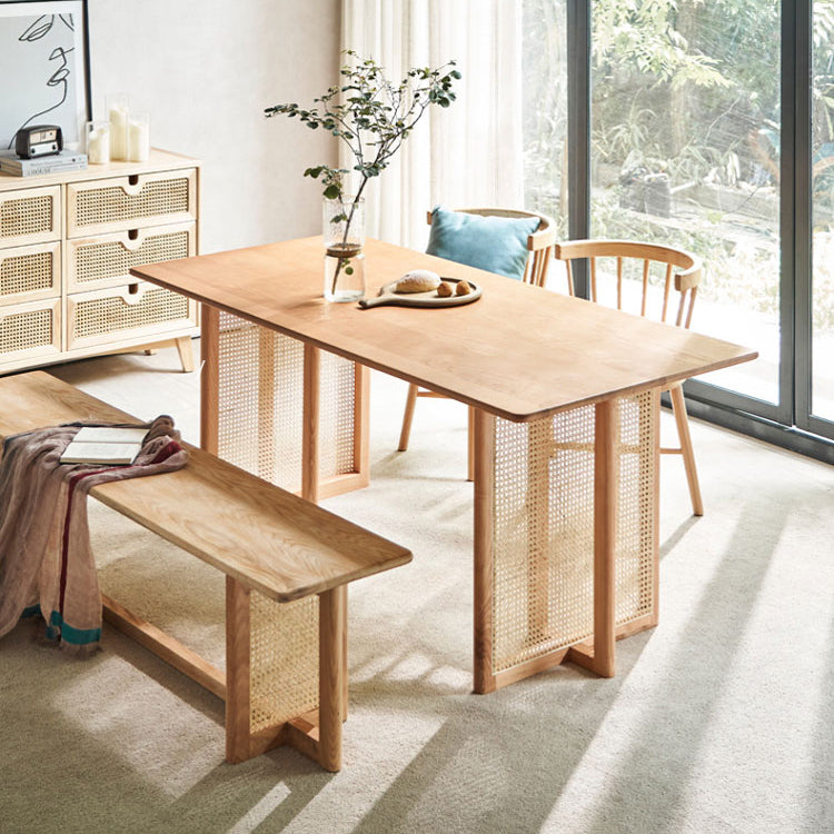 Rechthoek bruine eettafel vaste houten eettafel met dubbele voetstukbasis